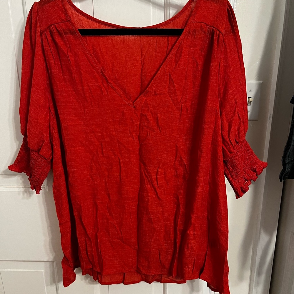 SHEIN Red Ruffled 3/4 Sleeve Blouse